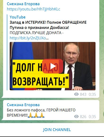 Скриншот телеграм-канала Егоровой